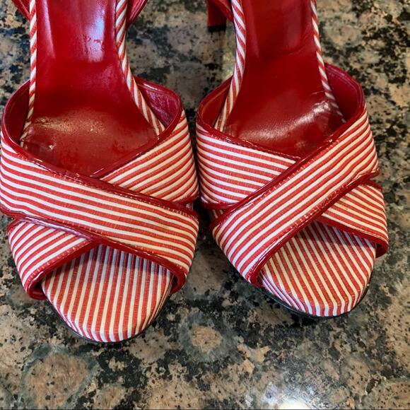 Gianfranco Ferre Red Stripe Strappy Heels - Picture 2 of 11